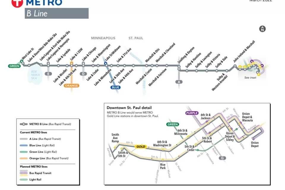 A system map of the B Line shows the route and stops where the bus rapid transit route cuts across Minneapolis and St. Paul, Minnesota.